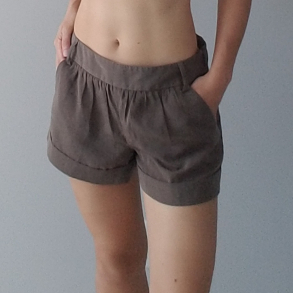 Tan Mocha Satin Tailored Dress Trouser Shorts Silk